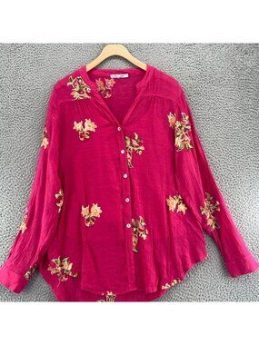 Figueroa & Flower Top Womens Large Pink Floral Embroidery Button Up Long Sleeves